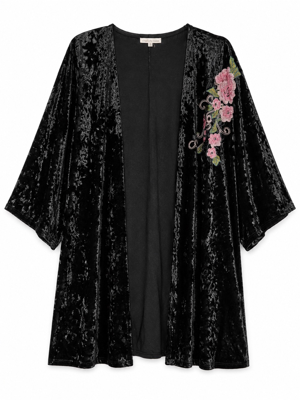 Charlotte Russe Black Velvet Kimono Robe with Pink Floral Embroidery